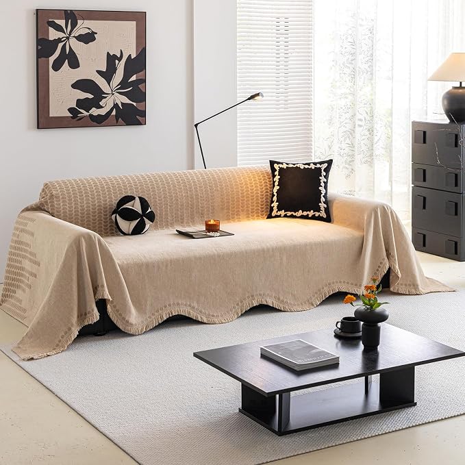 ROOMLIFE Khaki Sofa Cover, Vintage Boho Couch Cover for 3 Cushion Sofa, Non Slip Soft Chenille Sofa Slipcovers for Dog, Washable Furniture Sofa Protector Cover with Tassel for Living Room, 71''X150” - Image 9