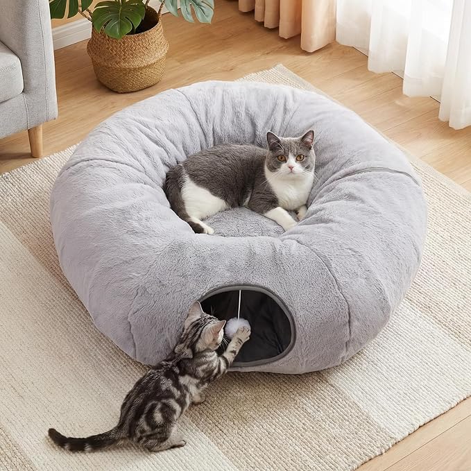 Cat Tunnel Bed for Indoor Cats, 31.5in Round Cat Tunnel for Small Cats, Cat Donut Tunnel with Washable Plush Mat, Collapsible Tunnel Hideplace for Kittens, Squirrels Grey by BUMUBI
