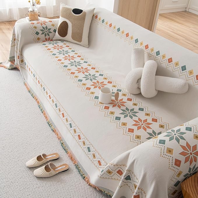 VClife Boho White Jacquard Couch Cover Soft Couch Cover for 3 Seater Cushion Couch Sofa Bedroom Living Room Furniture Protector Sofa Cover for Couch Bed - Gift for Christmas Thanksgiving 71x134 Inch - Image 5