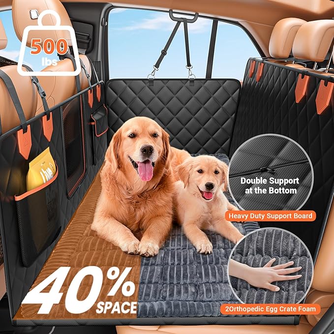 Hard Bottom Car Seat Cover for Dog swith Removable Soft Blankets,Scratch-Proof and Anti-Slip Car Dog Hammock for Large Dogs Brown for Crew Cab Trucks F150
