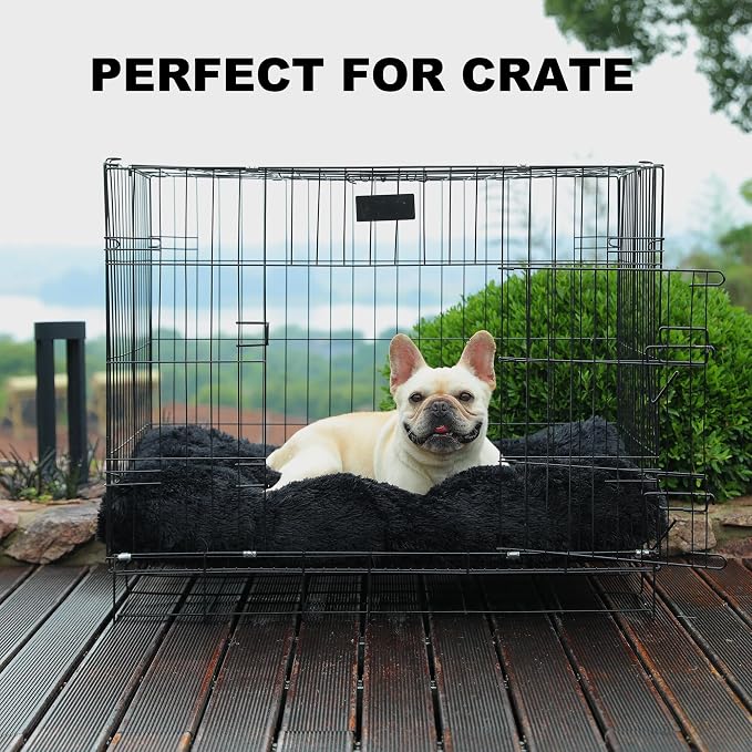 Bedfolks Waterproof Crate Pad, Plush Faux Fur Dog Bed With Removable Cover for Medium Dogs, Fluffy Washable Kennel Bed 29"x21", Black - Image 3