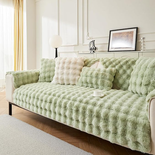 DREAMINGO Faux Fur Couch Seat Cover, Soft Plush Sofa Covers for Pet Washable, Non Slip Furniture Protector for 3 Cushion Couch Sofa Sectional, 35.4x82.7 Inch, Green by DREAMINGO