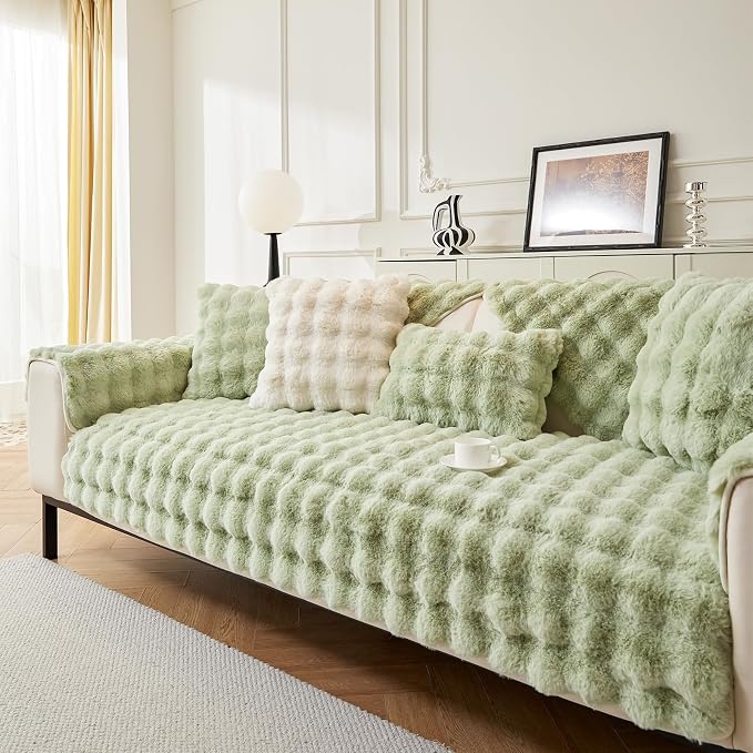 DREAMINGO Faux Fur Couch Seat Cover, Soft Plush Sofa Covers for Pet Washable, Non Slip Furniture Protector for Loveseat 2 Cushion Sofa, 35.4x63 Inch, Green by DREAMINGO