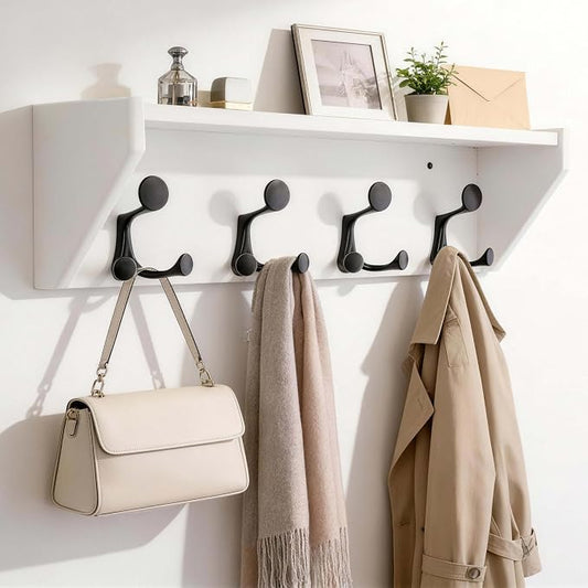 SKOLOO Wall Shelf with Hooks, 24-Inch White Coat Rack Wall Mount with Shelf Organizer - Heavy Duty, 4 Tri Hooks - Perfect for Entryway, Hallway, Living Room, Bedroom, Mudroom by SKOLOO