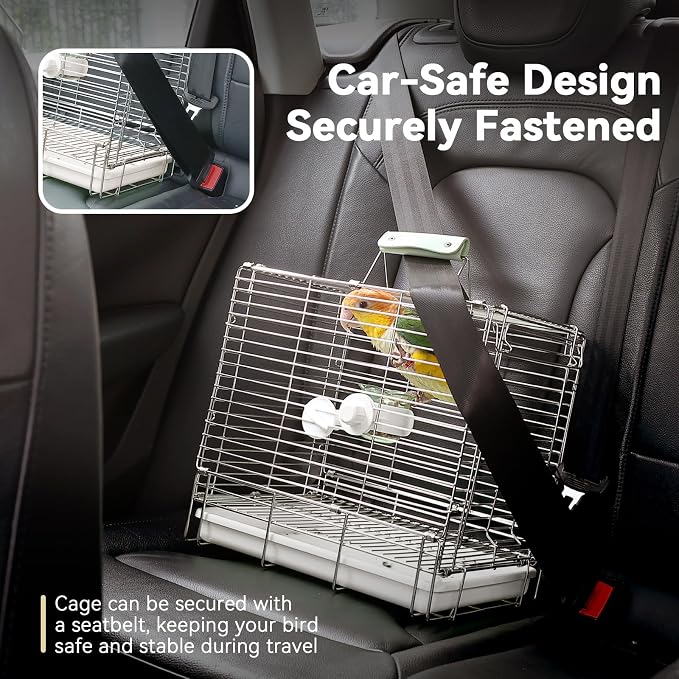 Bird Carrier Travel Cage - 304 Stainless Steel Portable Folding Bird Travel Cage with Parrot Feeder Cups & Standing Perch for Smaller Birds Conures Lovebird Cockatiel Parakeets (White) - Image 4