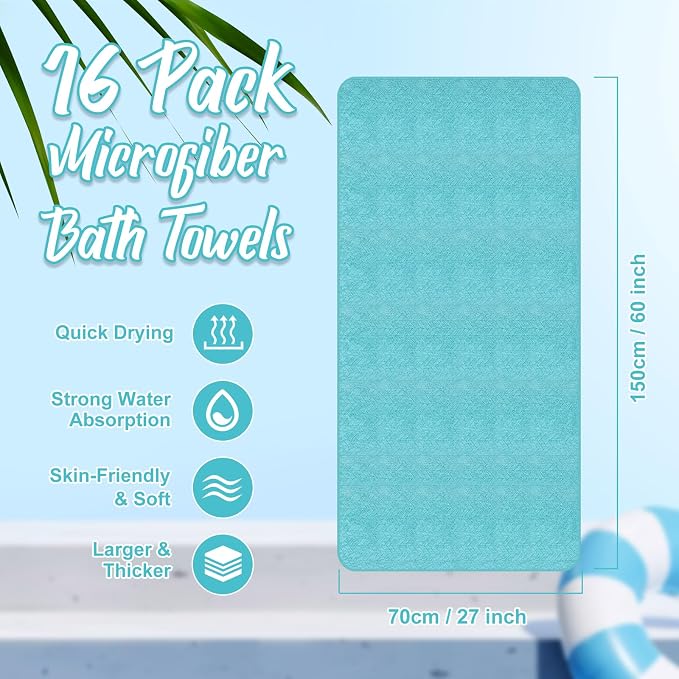 SmoothNovelty 16 Pack Microfiber Bath Towels Bulk 27'' x 60'' Oversized Size Bath Towel Highly Absorbent Extra Large Soft Drying for Beach Shower Summer Salon Sport Gym Party (Wheat,Light Blue) - Image 2
