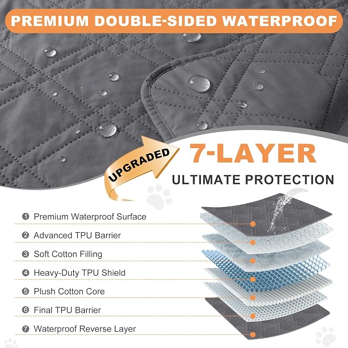 100% Waterproof Dog Bed Cover Pet Blanket(30"x71"),7-Layer Reversible Washable Sofa Couch for Furniture Car (Gray+Gray) - Image 2