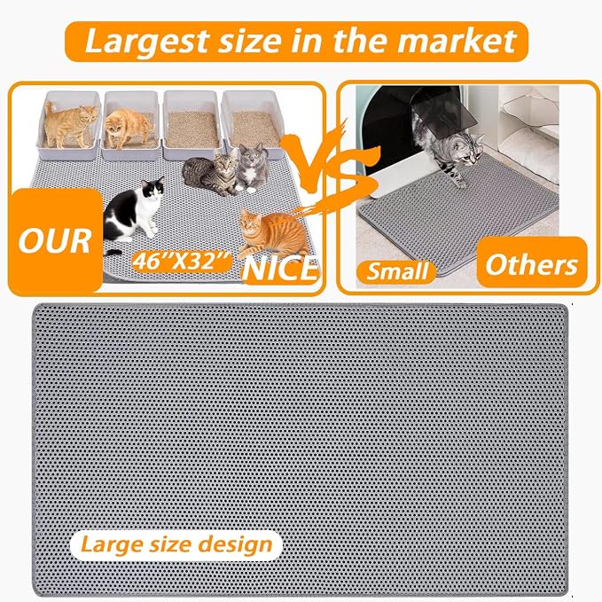 Large Cat Litter Mat, 46x32 Inches Extra Large Double Layer Honeycomb Cat Litter Trapping Mat, Non Slip Waterproof Urine Proof Mat, Scratch Resistant Durable Litter Rug - Image 2