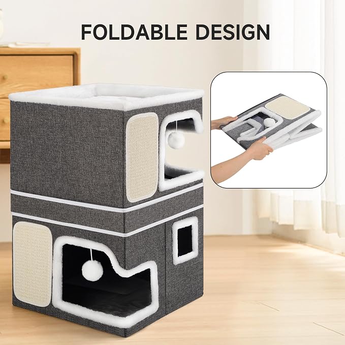 Double Cat Beds for Indoor Cats, 2-Storey Cat House with Large Cozy Hideaways, Dual Purpose Cat Cave Cube with Scratch Pads, Fluffy Balls, Foldable Indoor Cat Houses for Multi Small Pets Kitten, Grey - Image 7