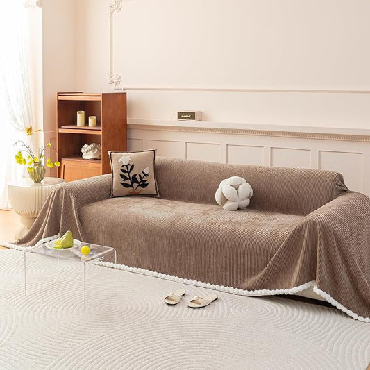 DREAMINGO Striped Chenille Couch Cover Blanket Washable Furniture Protector for Pets/Kids Farmhouse Modern Style Decorative Sofa Throw Cover for Living Room, Pom Pom Trim, Coffee, 71"x134" by DREAMINGO