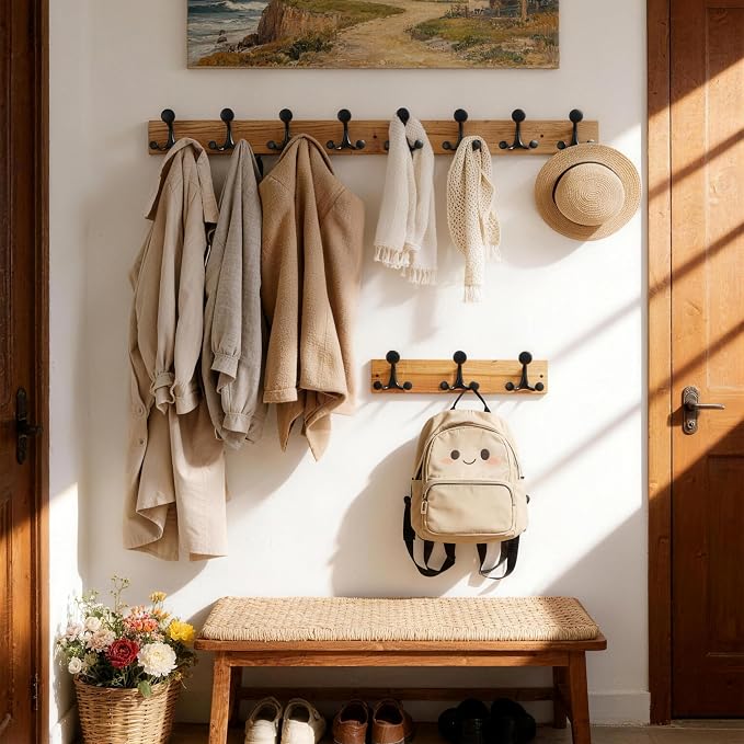 SKOLOO 17-Inch Wood Coat Rack Wall Mount with 3 Triple Hooks - Ideal for Family Entrances, Classrooms, and Pet Supplies Storage - Perfect Coat Hooks for Wall, Black on Natural - Image 4