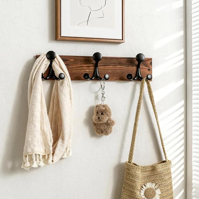 SKOLOO 17-Inch Wood Coat Rack Wall Mount with 3 Triple Hooks - Ideal for Family Entrances, Classrooms, and Pet Supplies Storage - Perfect Coat Hooks for Wall,Charred Golden Brown - Image 2