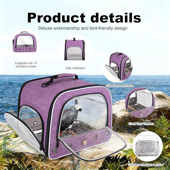 halinfer Bird Travel Carrier Cage for Large Size Parrot, Portable Bag with Metal Tray and Grid to Carry and Transport Medium and Large Birds Like African Grey, Long Tail Cockatiel and Parrot - Image 3