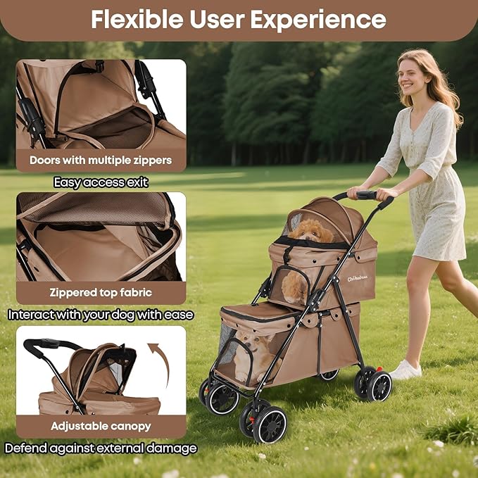 Double Pet Stroller for Dogs and Cats,Cat Strollers for 2 Cats,Double Dog Stroller for 2 Small Medium Dogs,4 Lockable Wheels/Lightweight/Folding,Khaki