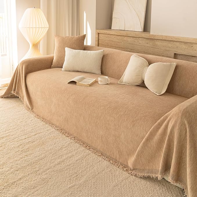 Brown Boho Couch Covers for Sofa Washable for 2 Cushion Couch,71''X118'' | Chenille Furniture Protector Sofa Couch Cover for Dogs, Soft Breathable Sofa Slipcover, Couch Throw Blankets with Tassels - Image 6
