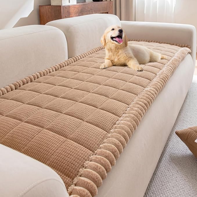 KRFOONN Couch Cover for Dogs Washable Pet Couch Covers for 2 Cushion Sofas Non-Slip Dog Sofa Protectors Cushion Covers Soft Sofa Slipcovers Cushion Protector for Pets (Style B-Khaki, 27.6" x 59") by KRFOONN