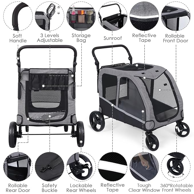 Dog Stroller for Large & Medium Dogs, Extra Large Pet Stroller, Dog Wagon for 2 Dogs, Foldable Design, Adjustable Handle, with Pocket, Up to 130 lbs