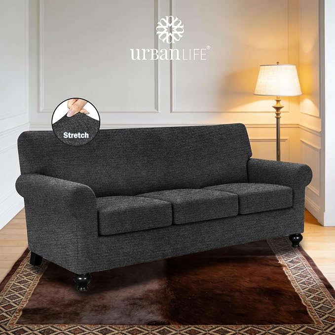 URBANLIFE 4-Piece Stretch Sofa Covers for 3 Cushion Couch, Charcoal Gray | Super fitted spandex slipcovers for couches. Non-slip elastic bottom. Machine washable furniture protector for kids & pets. - Image 2