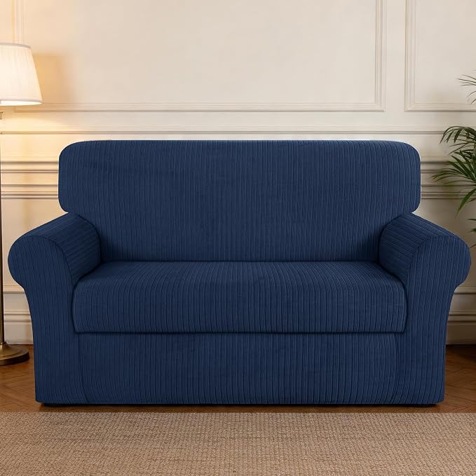 Loveseat Cover Stretching Skid Resistance Couch Cover for Pets Washable, Thick and Durable Soft High Spandex Striped Pattern Sofa Covers, Form Fitted Love Seat Slipcover(Loveseat, Navy) - Image 7