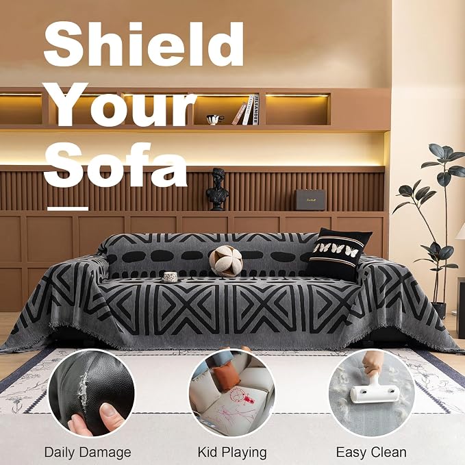 VClife Bohemian Sofa Cover Washable, Non Slip Chenille Couch Cover for 3 Cushion Couch Sofa Pet Furniture Protector Modern Tribal Black Gray Sofa Slipcover for Loveseat and Sectional Couch 71''x134'' - Image 3