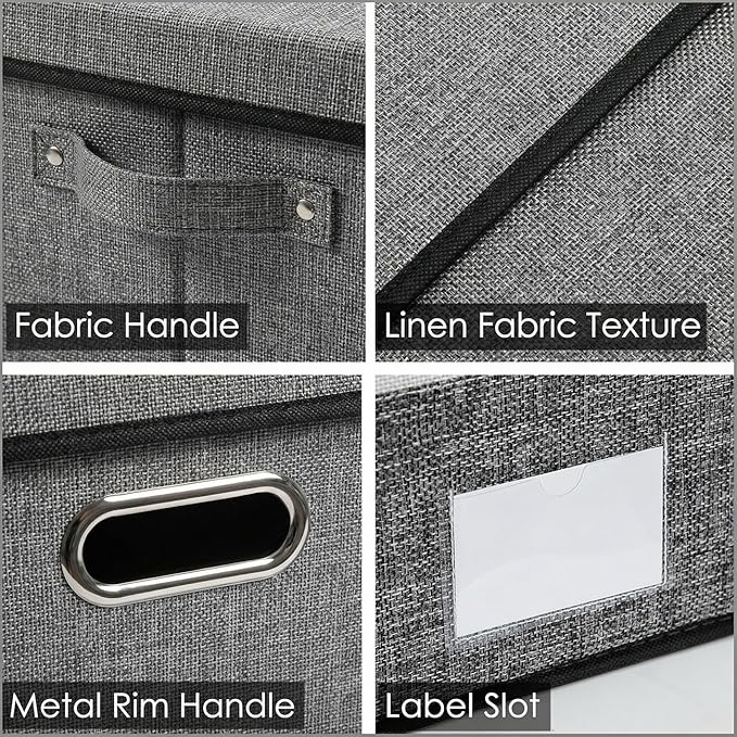 PRANDOM Storage Bins with Lids [3-Pack] Linen Fabric Foldable Storage Boxes Organizer Containers Baskets Cube with Cover for Bedroom Closet Office Grey(23.4X15.9X11.4) - Image 6
