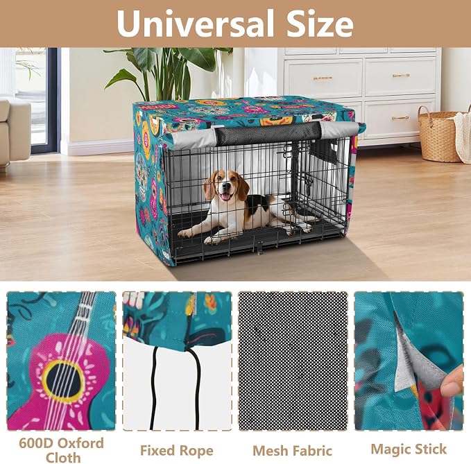Dog Crate Cover Kennel Cover for Dog Cages Breathable for Wire Cage Indoor Outdoor Teal Fiesta Mexico Skulls Guitars - Image 4