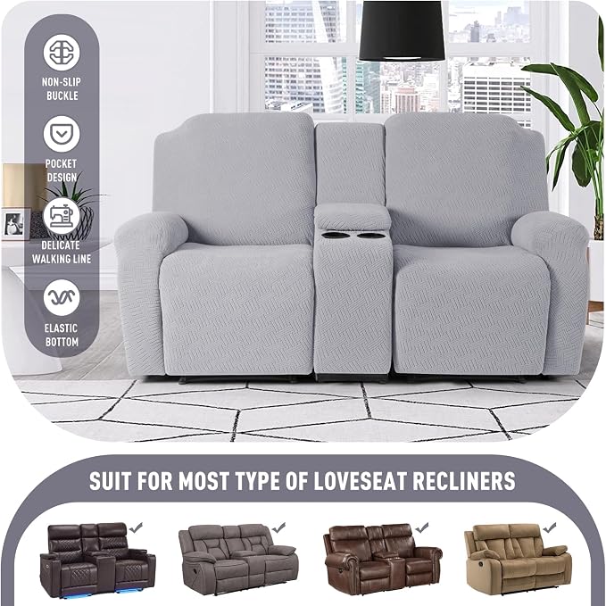 KinCam Loveseat Recliner Covers with Middle Console Slipcover, Silver Gray | Stretch Recliner Sofa Covers for 2 Seat Couch Cover, Jacquard Furniture Protector Covers with Elastic Bottom for Kids, Pets - Image 2