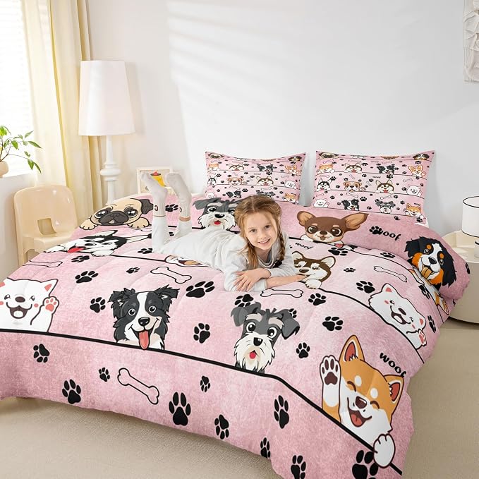 Manfei Black Paw Bone Print Pink Bedding Set for Boys Girls,Cartoon Puppy Pet Animals All Season Cozy Comforter Set Full Size,Cute Dog Duvet Set Bedroom Decor,Personalized Birthday Gifts - Image 4