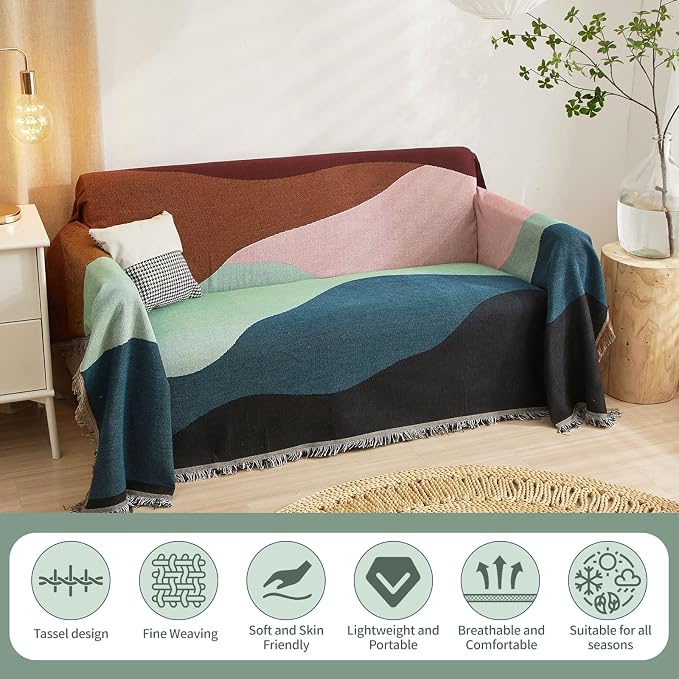 Reversible Knitted Patchwork Color Couch Cover Woven Decor Blanket Sofa Covers for Living Room Knit Futon Covers Sofa Slipcovers for Pets Couch Protector for Dogs Boho Furniture Covers, 71"X 118" - Image 7