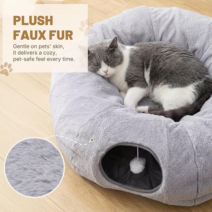 Cat Tunnel Bed for Indoor Cats, 31.5in Round Cat Tunnel for Small Cats, Cat Donut Tunnel with Washable Plush Mat, Collapsible Tunnel Hideplace for Kittens, Squirrels Grey - Image 4