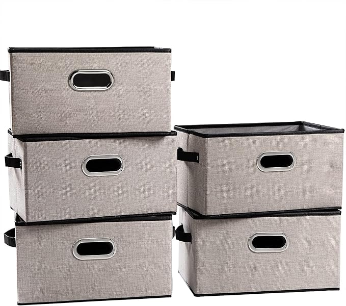 PRANDOM Large Fodable Storage Bins for Closet [5-pack] Decorative Linen Fabric Storage Bins Cubes with Leather/Metal Handles for Shelves Bedroom Living Room Light Grey (14.9x9.8x8.3 Inch) by Prandom
