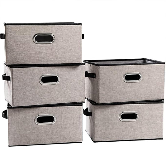 PRANDOM Large Fodable Storage Bins for Closet [5-pack] Decorative Linen Fabric Storage Bins Cubes with Leather/Metal Handles for Shelves Bedroom Living Room Light Grey (14.9x9.8x8.3 Inch) by Prandom