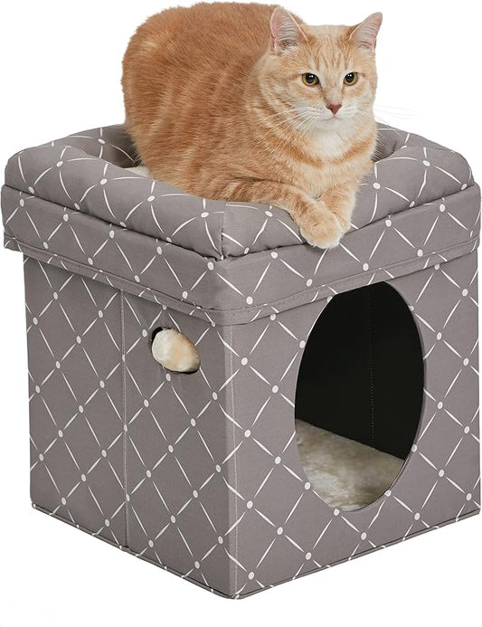 MidWest Homes for Pets Feline Nuvo Curious Cat Cube, Foldable Cat Hideout with Toy, Bolstered Bed Top, Mushroom Diamond, Faux Fur by MidWestHomesForPets