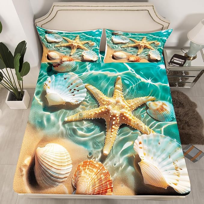 Ocean Bedding Set Beach Themed Sheet Set Teal Blue Ocean Sea Life Pattern Coastal Bed Sheet Sets Queen for Boys Girls 1 Starfish Flat Sheet - 1 Shell Fitted Sheet - 2 Pillowcases (Beach, Queen) - Image 4