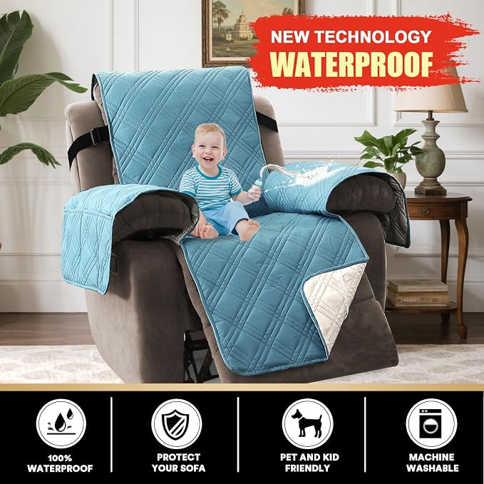 PrinceDeco Recliner Cover 100% Waterproof Couch Cover Sofa Cover for Living Room Water Resistant Furniture Protector with Elastic Straps for Pets Dog(Recliner28,Smoke Blue) - Image 3