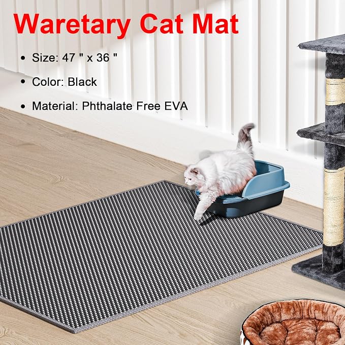 Waretary Cat Litter Mat, 47"x 36" Waterproof Scatter Control Grey | Double Layer Litter Recycling, Easy to Clean, Non-Slip, Durable, Paw-Friendly, Safe & Odorless, Fits Large Litter Boxes - Image 2