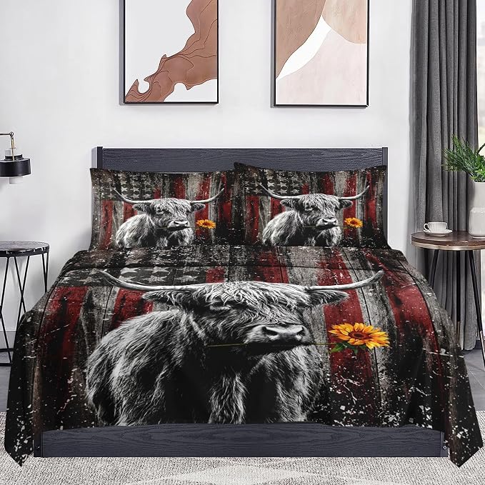 WeCozy Queen Size Bed Sheet Sets with Pillowcases, Highland Cow Animal 4 Pcs Soft Microfiber Bedding for Kids and Adults, Farm Bull American Flag Flat, Fitted Sheet for Bedroom Bed Decor - Image 2