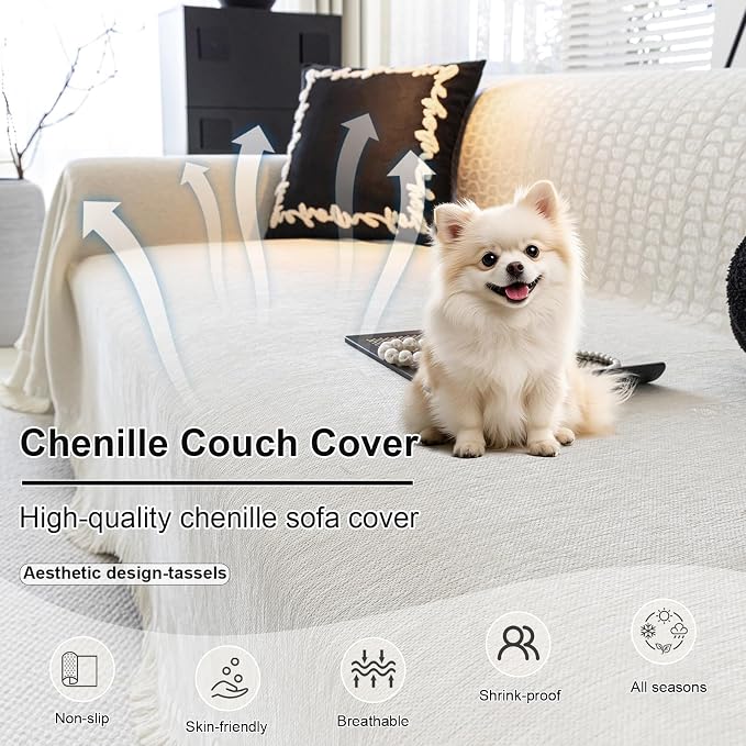 ROOMLIFE Boho White Couch Cover for Dogs, Washable Non Slip Furniture Protector Couch Sofa Covers for 3 Cushion Couch, Soft Chenille Couch Cover Throw Blanket with Tassels 71''X134'' - Image 3