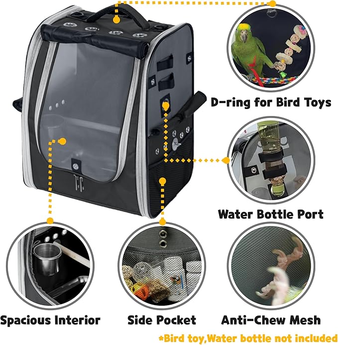 Birds Day Bird Carrier Backpack - Breathable Mesh Portable Parrot Travel Cage with 2PCS Perch, Food Bowl, and Stainless Steel Tray (Charcoal Gray) - Image 6