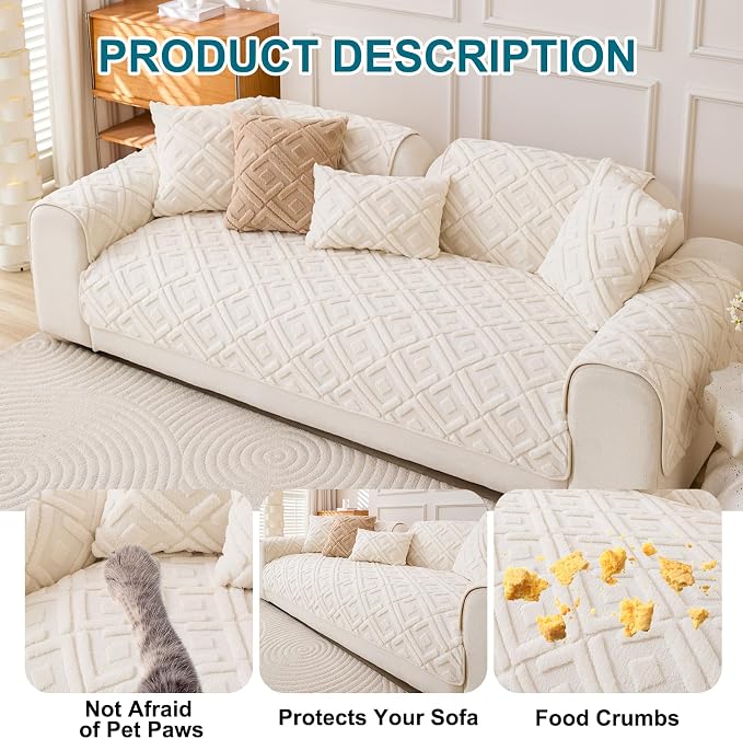 KRFOONN Couch Cover for Dogs Non Slip Washable Plush Sofa Protector Beige | Pet Sofa Slipcovers for 3 Cushion Couch, Scratch Resistant, Boho Pet Covers for Couches & Sofas (35.5" x 71") - Image 5