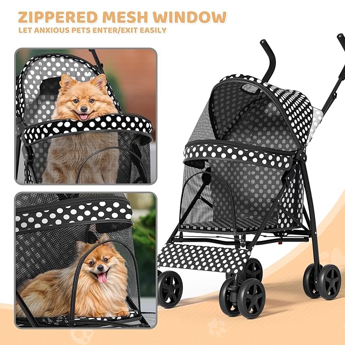 Magshion Compact Pet Stroller for Small-Medium Dogs/Cats up to 22lbs, 4-Wheel Lightweight Umbrella Shaped Portable Puppy Travel Jogger with Breathable Mesh, Cup Holder & Rear Storage, Black Polka Dots