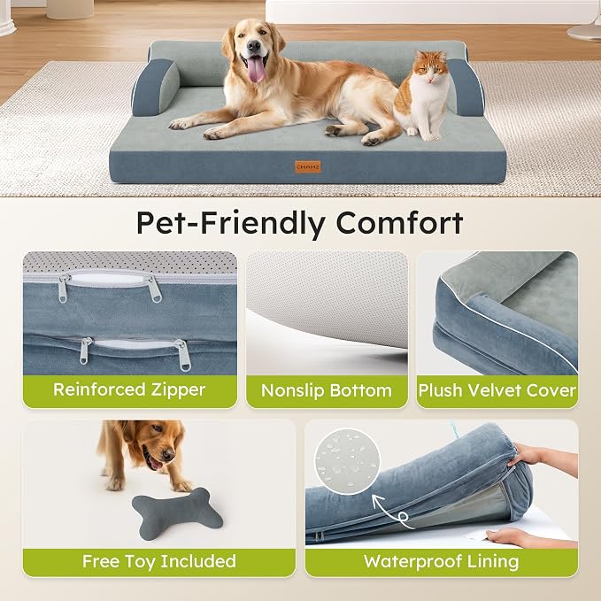 CWAWZ XXL Orthopedic Dog Bed, Big Dog Bed for Large Dogs, Dual-Sided Pet Cooling Beds with Memory Foam Washable Cover Nonslip Bottom, Waterproof Pet Couch with Bolsters, Dark Grey - Image 5