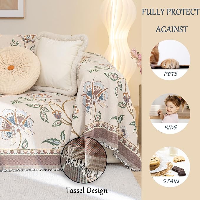 Floral White Jacquard Boho Couch Cover - Washable Decorative Chenille Sofa Slipcover for Kids and Pets, 1 Piece Non Slip Furniture Protector, Multi-Use Blankets (XLarge, 71" x 134") - Image 4