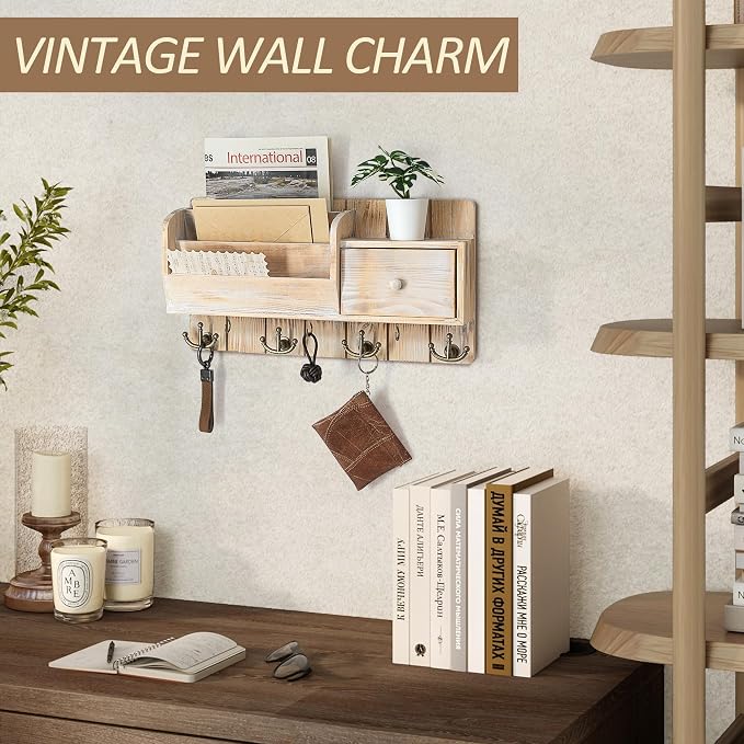Rebee Vision Key Holder Wall Mount with Drawer for Entryway, Natural Wood | Pine Wood, with Drawer Storage, 7 Hanging Hooks, Letter Organizer, Key Holder for Wall, Home Essentials for Room Decor - Image 6