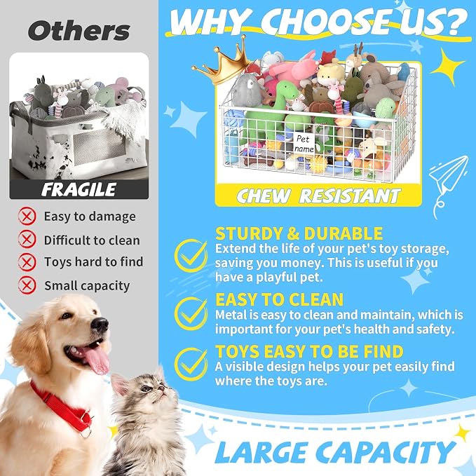 Indestructible Dog Toy basket, Large Toy Box for Dogs,Pet Toy Bin Dog Metal Basket for Toys, Toy Storage Organizer, Toy Box for Living Room Area (White) - Image 2