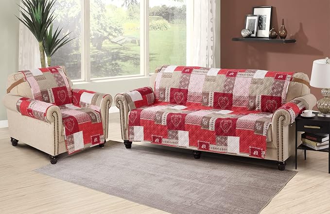 Brilliant Sunshine Burgundy Heart Love Loveseat Cover, 54" seat | Patchwork Design, Non Slip Sofa Cover, Quilted Furniture Protector, Large Washable Love Seat Slipcover for Pets, Dogs & Cats - Image 6