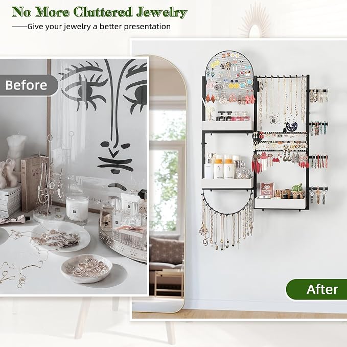 Keebofly Wall Mount Hanging Jewelry Organizer - Large Display Holder for Earrings, Rings, Necklaces, Bracelets, Watches and Perfume - White - Image 4