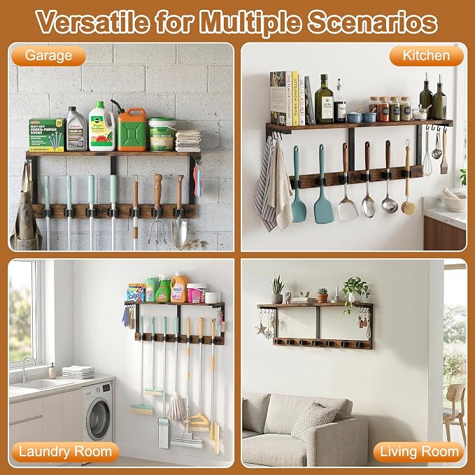 Housolution Wall Mount Broom Holder Laundry Room Storage Organizer Shelves | Thickened Metal Frame, 100 LBS High Load-Bearing, Large Capacity, Multifunctional with 7 Grippers & 8 Hooks - Image 6