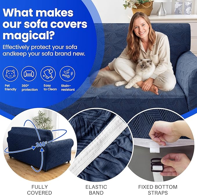 YEMYHOM 1 Piece Stretch Oversized Couch Covers for 4 Seat, Jacquard Extra Large Sofa Cover with Non-Slip Elastic Bottom, Thickened Slipcover Furniture Protector for Dogs Pets (X-Large, Navy） - Image 4