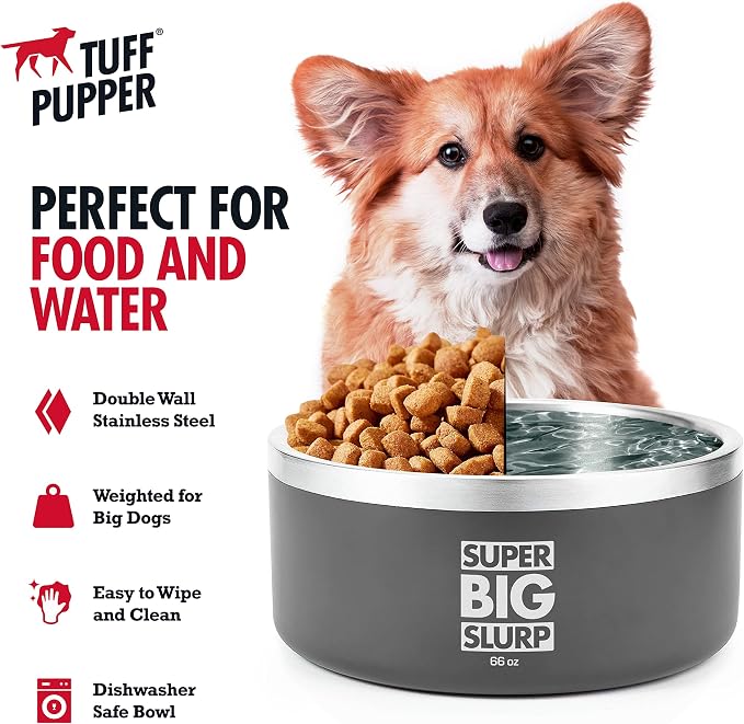 Tuff Pupper Heavy Duty Insulated Dog Bowl | Double Wall Stainless Steel Dog Food Dish | Non-Slip Spill Proof Dishwasher Safe Cat Bowl | Water Dish for Feeding Large Medium Small Pets (66oz, Grey) - Image 3